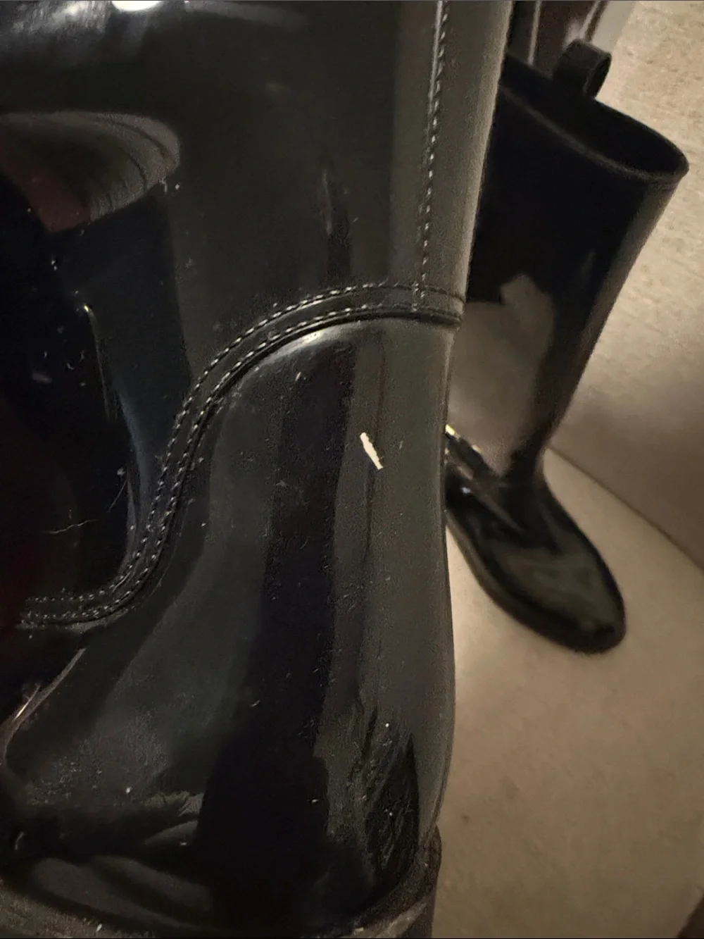 Women's Glossy Black Rain Boots with Gold Buckle Accent